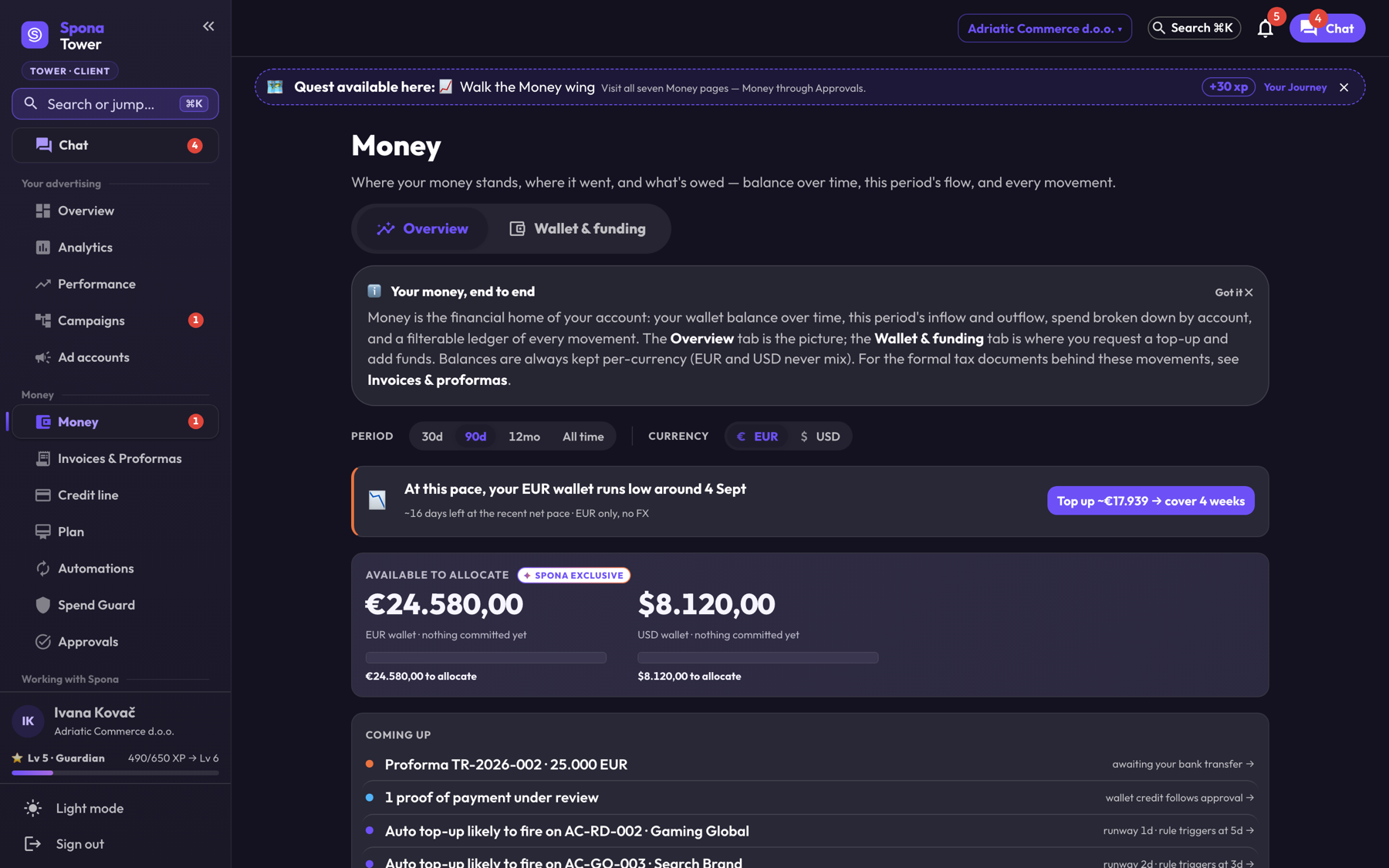 Earlier Full-view interface: Money with wallet balance, top-ups and the paper trail.